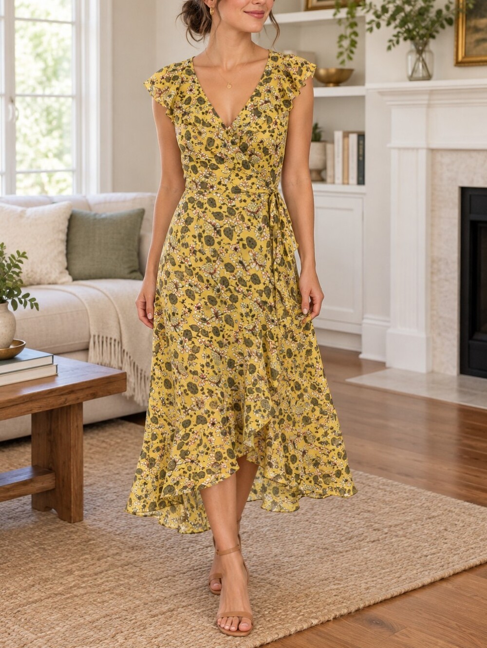 NWT MSRP $128 Max Studio Wrap Style Ruffles Yellow Dress Size S